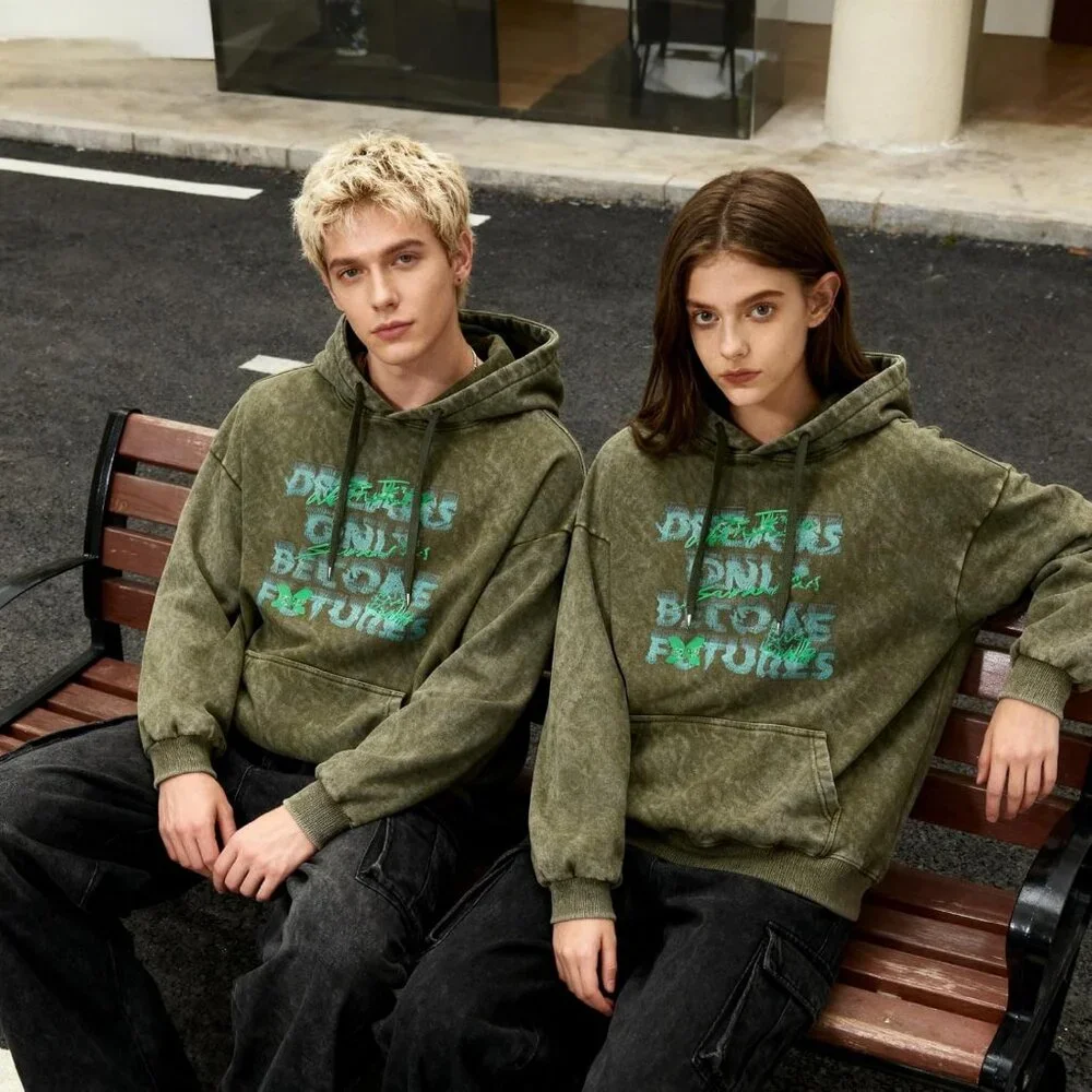 Men's Unisex Vintage Pullover Fall Winter Hoodies Sweatshirt Green Dream - Picture 3 of 7